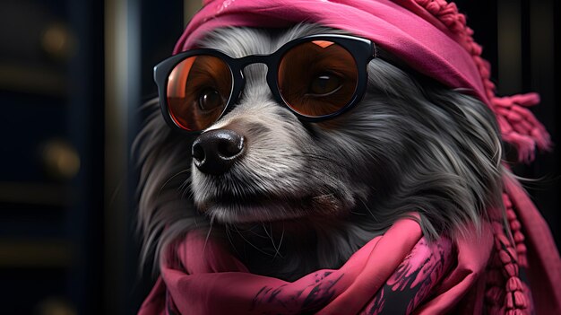 A dog steals the spotlight accessorized with a pink scarf and sunglasses exuding style