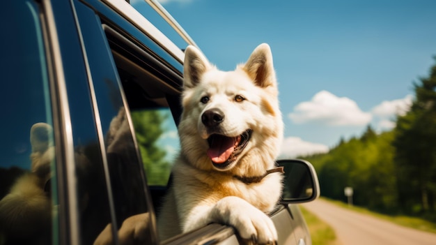 Dog sticking its head out of car window with its paws hanging out the window Generative AI