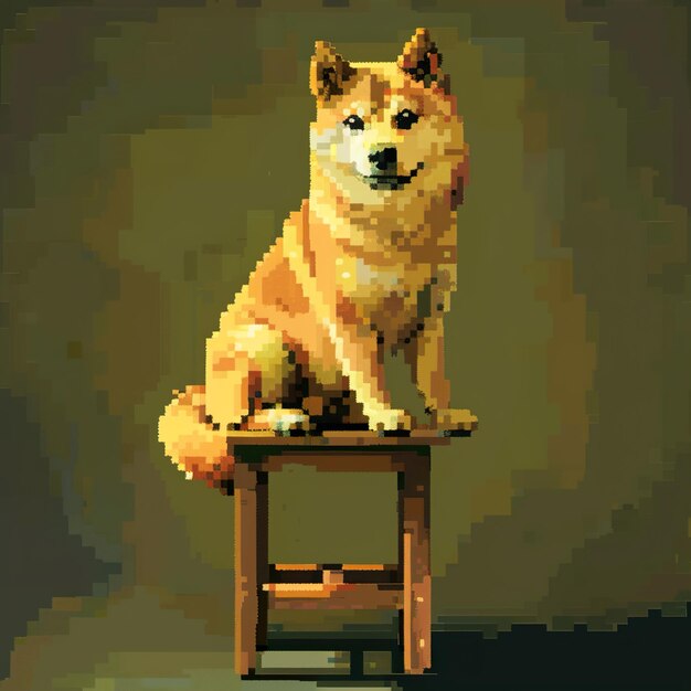 a dog on a stool with a brown background