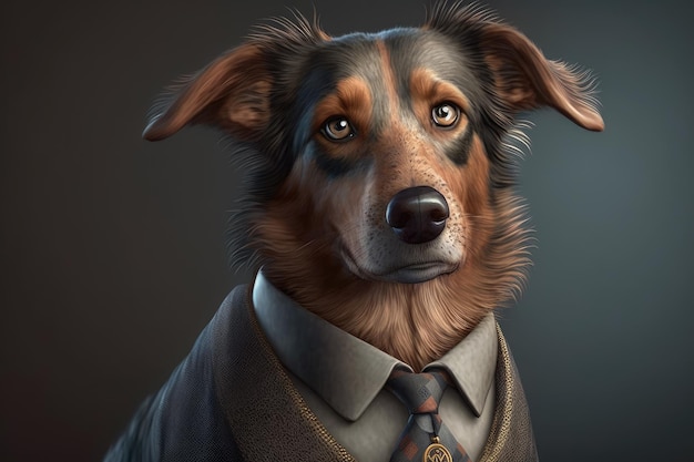 A dog in a suit with a collar and a tie