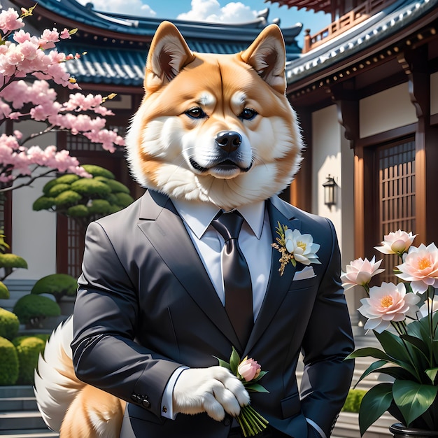 a dog in a suit with flowers and a suit on