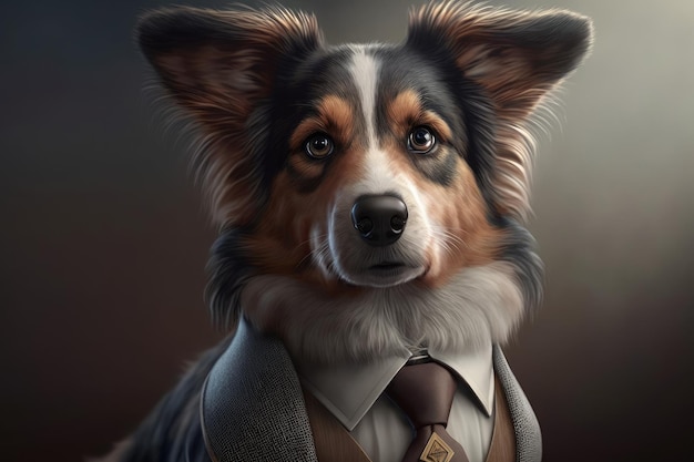 A dog in a suit with a tie that says'i'm a border collie '