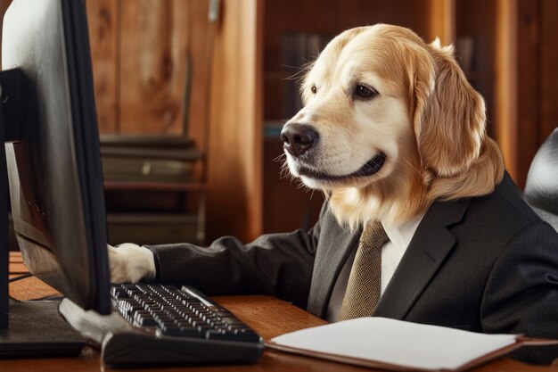 Photo dog in suit working at computer