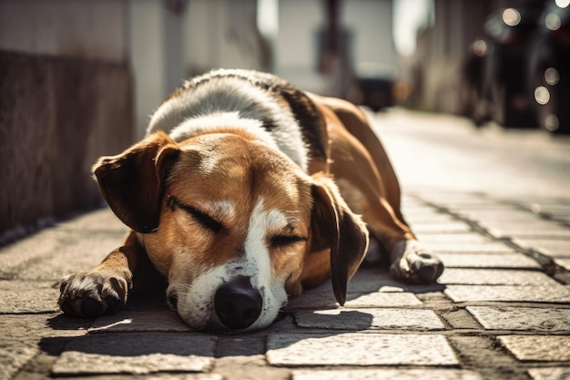 Dog sunbathing on the sidewalk