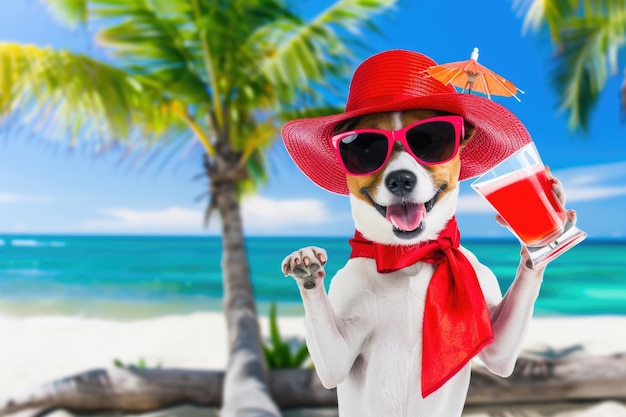 Photo a dog in sunglasses and a hat enjoys a red cocktail on a beach with a palm tree and blue water in the background