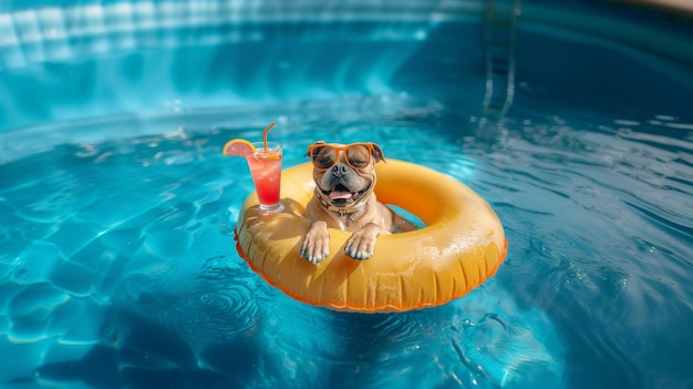 A dog in sunglasses lounges in a pool on an inflatable ring with cocktails exuding contentment and h