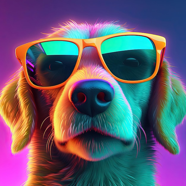 Dog in sunglasses neon background Pop art style portrait Generative AI