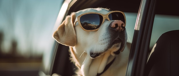 A dog in sunglasses sits in a car sunny day Generative AI