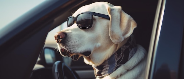 A dog in sunglasses sits in a car sunny day Generative AI