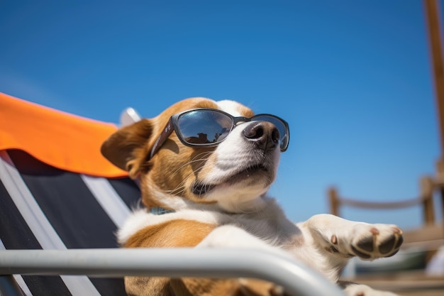 Dog in sunglasses takes on the role of a human on vacation