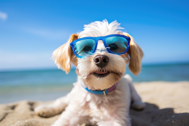 Dog in sunglasses takes on the role of a human on vacation