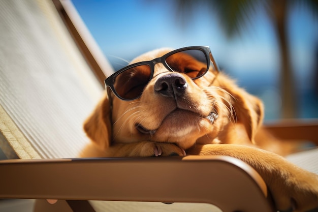 Dog in sunglasses takes on the role of a human on vacation