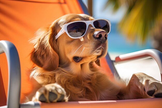 Dog in sunglasses takes on the role of a human on vacation