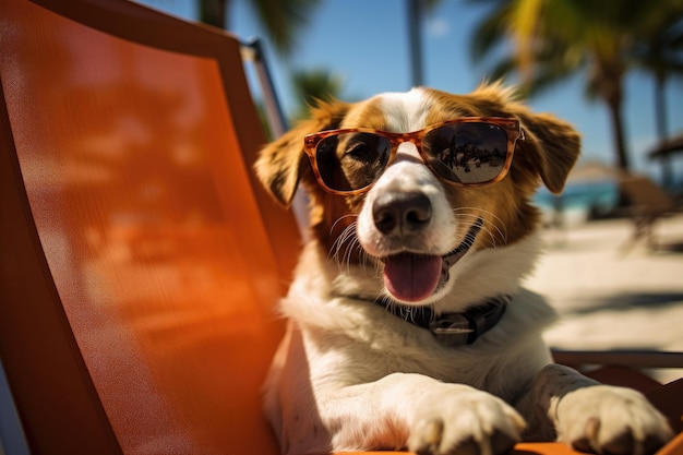 Dog in sunglasses takes on the role of a human on vacation