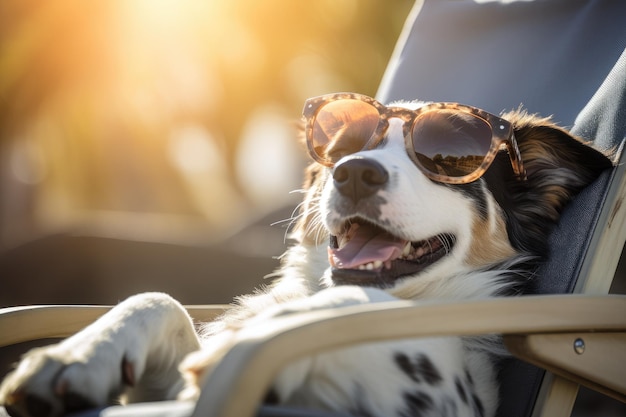 Dog in sunglasses takes on the role of a human on vacation