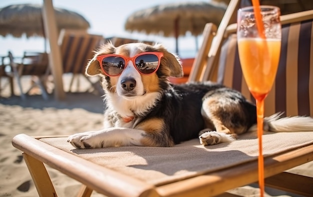 Dog in sunglasses with a cocktail lying on the beach on a sun lounger Generative AI