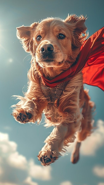 Photo dog in a superhero costume flying through the sky