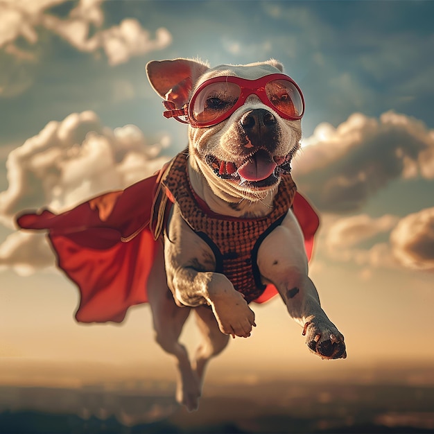 Photo dog in a superhero costume flying through the sky