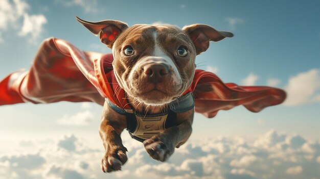 Photo dog in a superhero costume flying through the sky