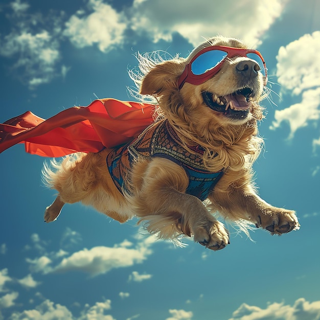 Photo dog in a superhero costume flying through the sky