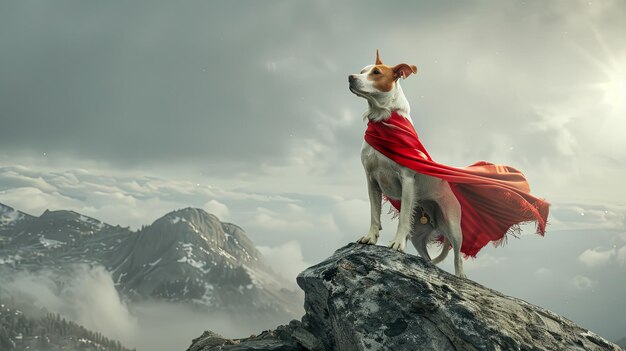 Photo dog superhero standing on a mountain peak with a red cape