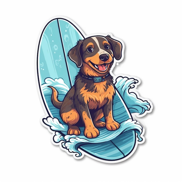 Dog on a surfboard with a blue surfboard in the middle.