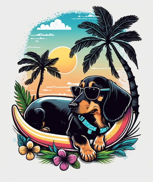 A dog on a surfboard with a palm tree and the sun in the background.