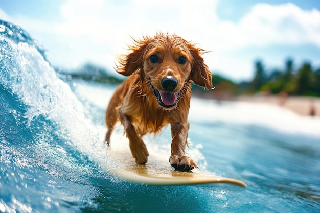 A dog surfing on a wave