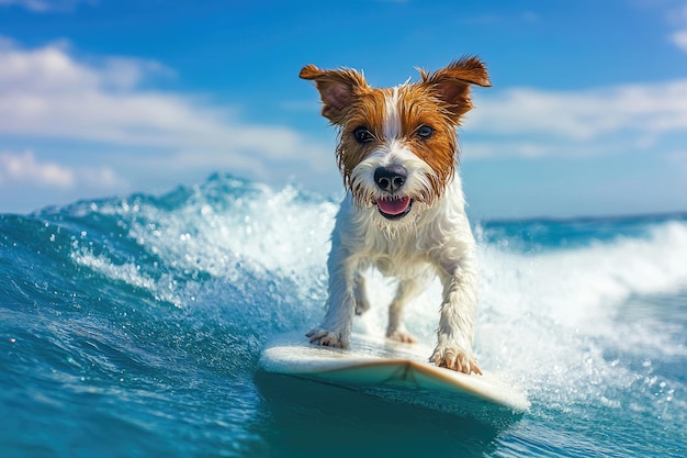 A dog surfing on a wave