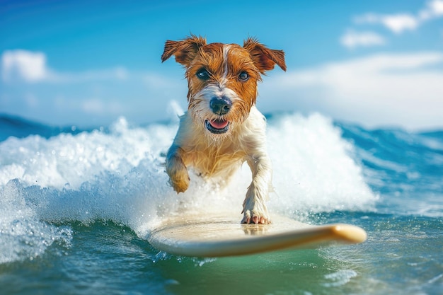 A dog surfing on a wave