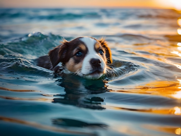 a dog swimming in the ocean with the sun behind him