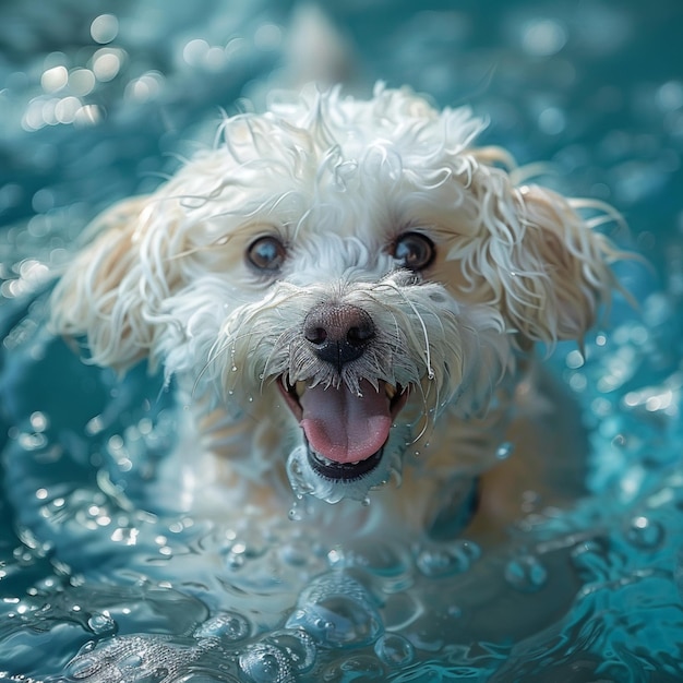 a dog swimming in a pool with the water in it