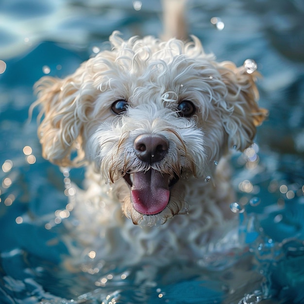 a dog swimming in a pool with water splashing around him