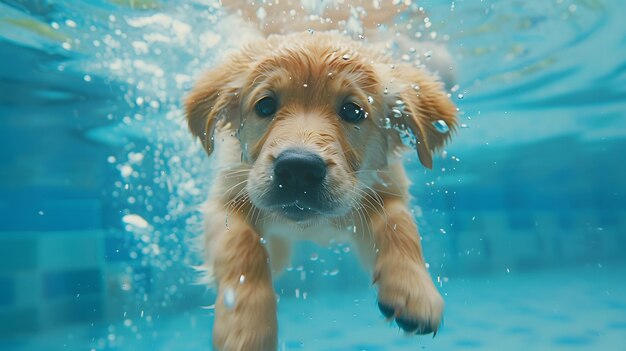 Photo a dog swimming in a pool with water splashing around it