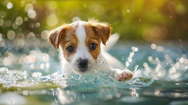 a dog swimming in a pool with water splashing around it