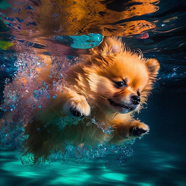 A dog swimming in a pool with the word chihuahua on the bottom.