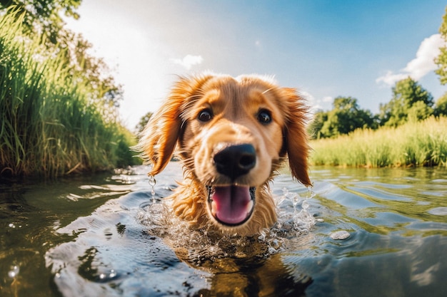 A dog swimming in a river with the word dog on it