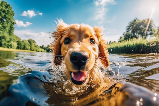 A dog swimming in a river with the word golden on it