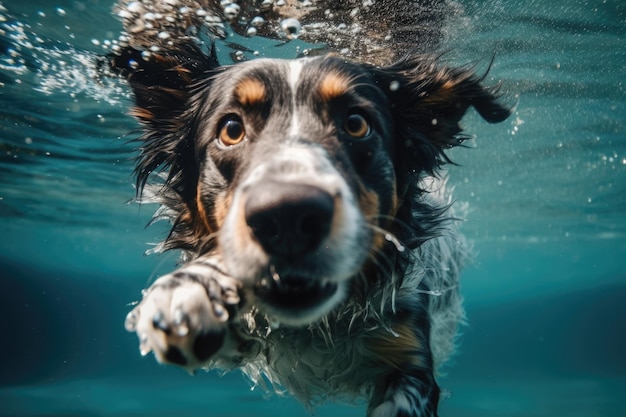 A dog swimming underwater with the word dog on the bottom Generative AI