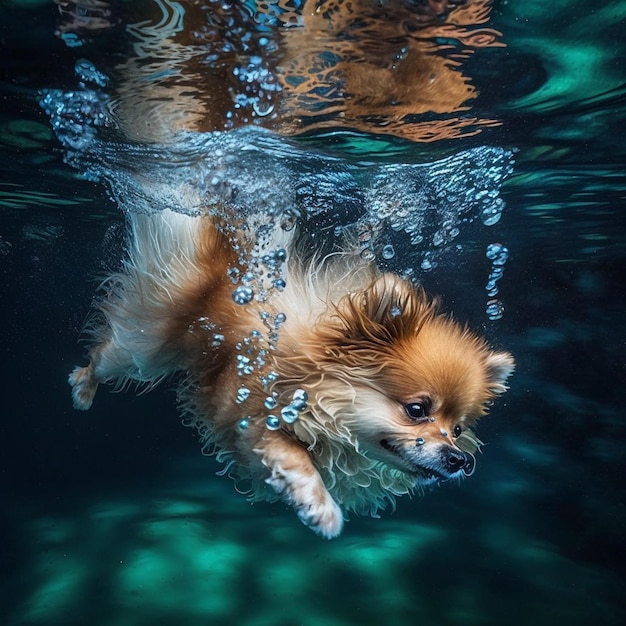 A dog swimming under water with bubbles in the water.