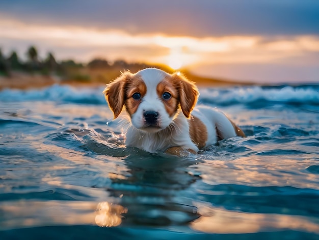 a dog swimming in the water with the sun behind him