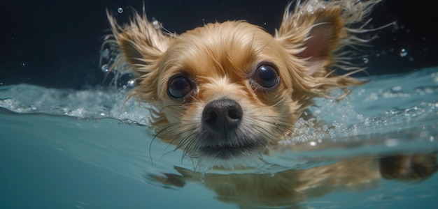 A dog swimming in the water with the word dog on the front.