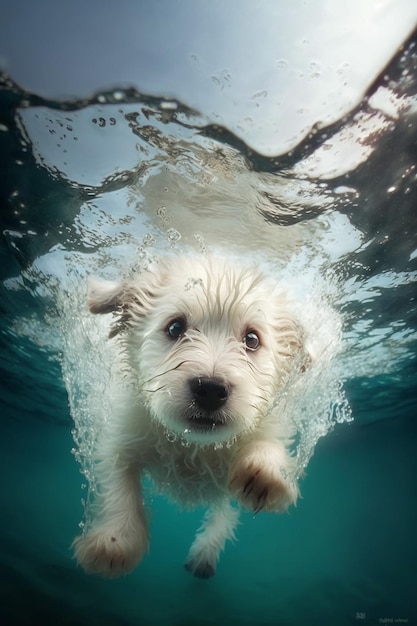 A dog swimming under water with the word puppy on the bottom.