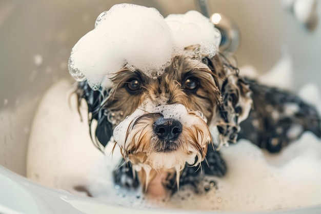 Dog taking bath with shampoo and bubbles