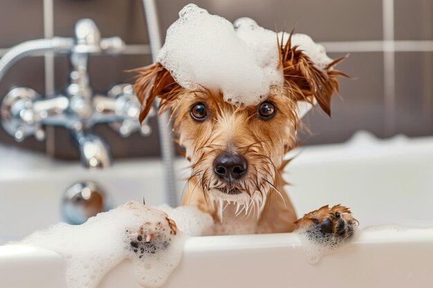 Dog taking bath with shampoo and bubbles