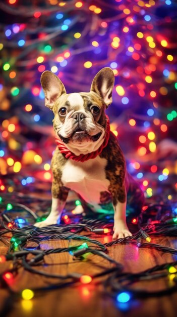 dog tangled in string of Christmas lights