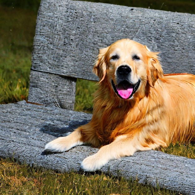 A dog that is laying down on a bench