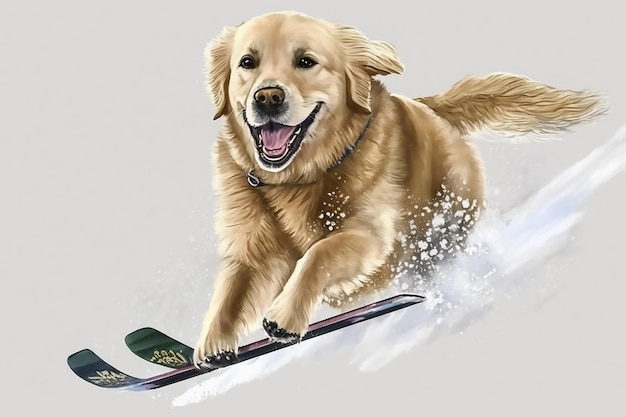 A dog that is running with a ski