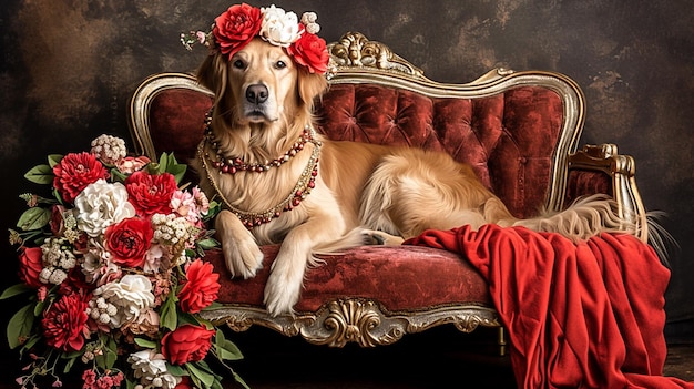 Dog that is sitting on a couch with flowers