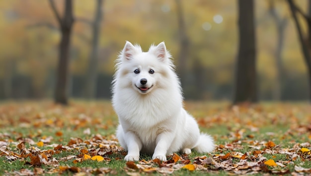 a dog that is sitting in the grass with leaves